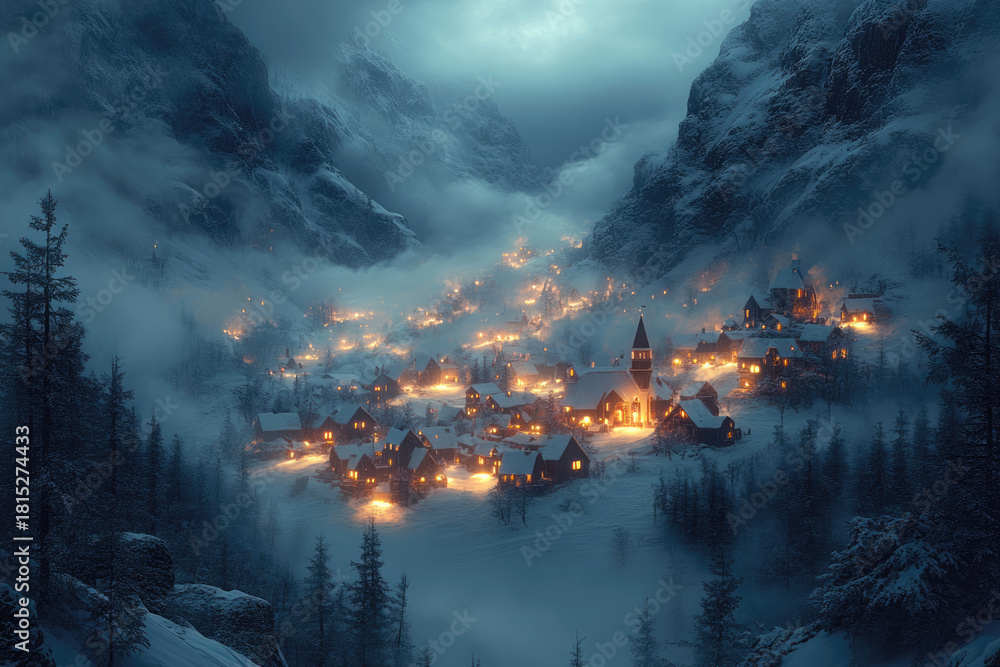 Fototapeta premium Frozen Shadows Drift Across a Forgotten Winter Hamlet