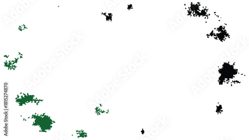 Grunge-style abstract fractal patterns in green and black, resembling rough ink splatters or clusters. High-contrast digital art with ample whitespace and copyspace.