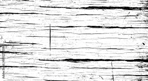 Abstract, detailed grunge background with copy space. High-contrast, horizontal black and white texture resembling rough wood grain or film scratch damage.