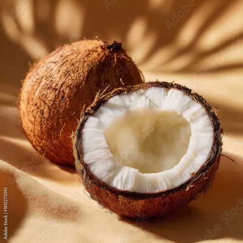 Freshly cut coconut half revealed on soft fabric, showcasing interior texture and natural tropical aesthetics in warm sunlight