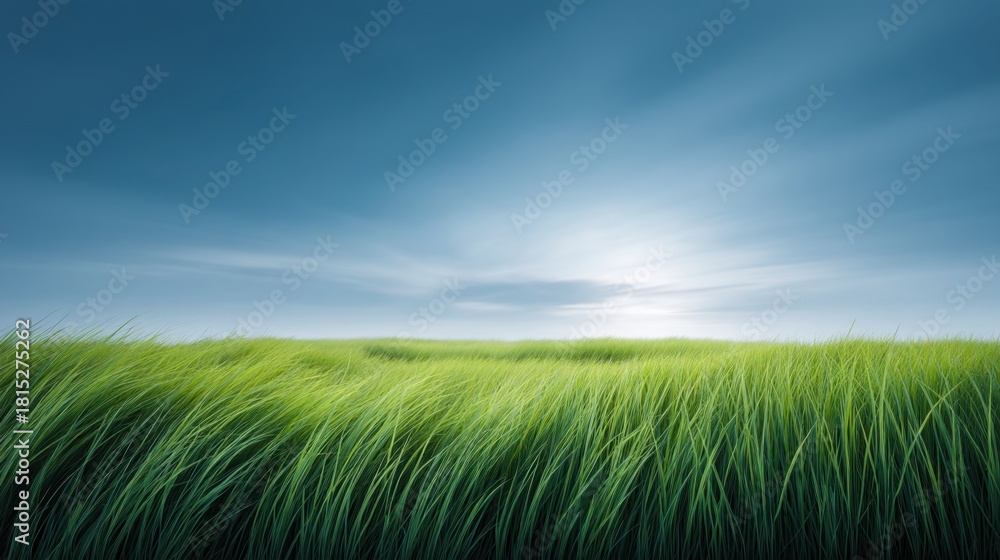 Fototapeta premium Vibrant Green Grass Under a Blue Sky with Soft Clouds and Gentle Breeze in a Serene Landscape during Daylight Hours