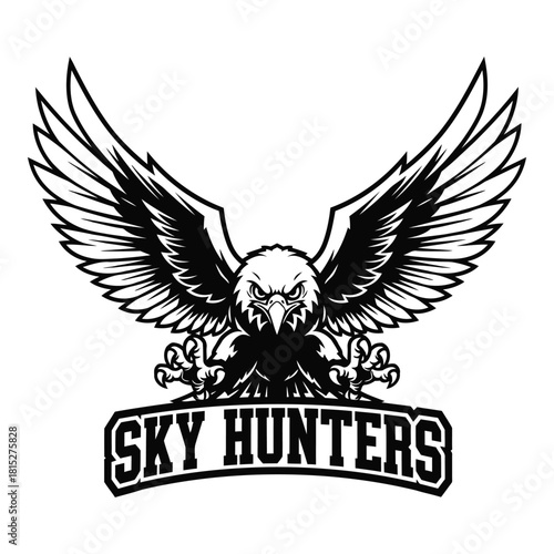 Majestic Eagle Illustration with Spread Wings and Sky Hunters Text Banner
