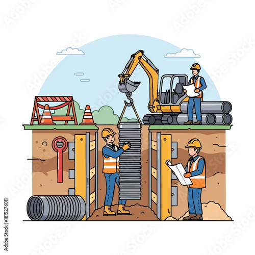 Construction workers use machinery and plans to install pipes in an underground trench, ensuring proper infrastructure.