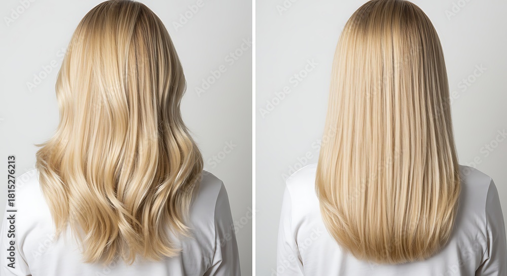 Naklejka premium Blonde hair transformation from wavy to sleek in comparison studio