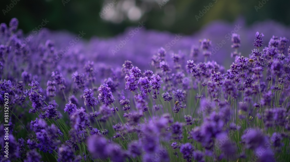 Obraz premium Beautiful lavender field in full bloom with vibrant purple flowers and soft green background, creating a serene and calming atmosphere