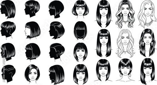 Women hairstyle illustration set, female haircuts and profiles, beauty salon vector design, fashion hair collection for styling and cosmetology concepts