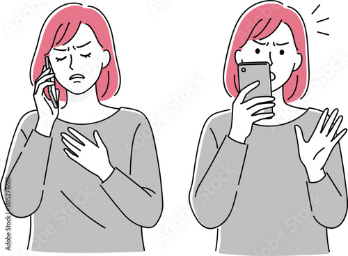 Worried woman reacting to phone call and shocking message, stressed female checking smartphone with emotional expression, communication problem illustration vector