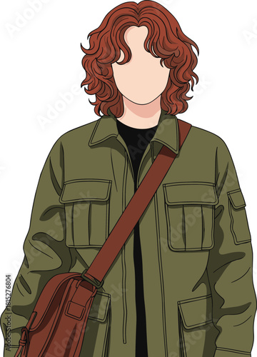 Young Person Portrait Red Curly Hair Military Field Jacket Messenger Bag Street Fashion Youth Style Retro Vintage Aesthetic Vector Illustration.