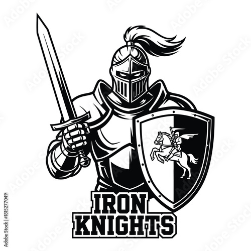 Monochrome illustration of brave knight in armor holding shield and sword