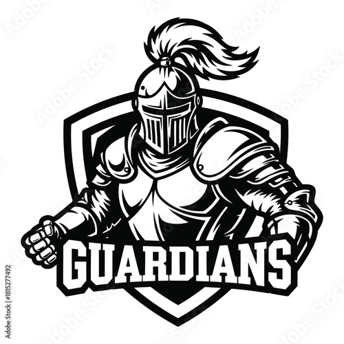 Monochrome Knight Illustration with Shield and Guardians Text Vector Graphic