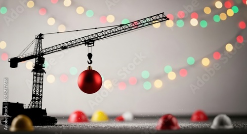Silhouette of a construction crane lifting a large red Christmas ornament against a festive bokeh background with miniature hard hats
