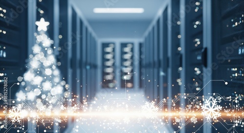 Digital Christmas Tree in Modern Data Center Aisle with Glowing Snowflakes and Circuit Board Patterns, Representing Festive Technology and Secure Holiday Season