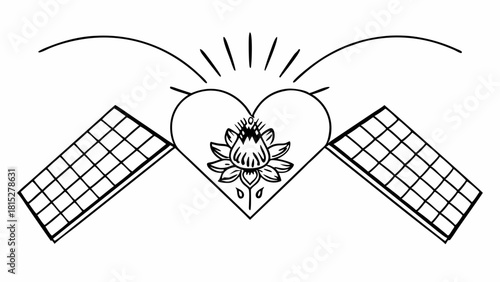 Vector Heart shaped design features lotus flower its center, flanked by solar panels, symbolizing