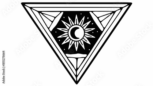 Vector Geometric design featuring sun and moon within triangular crystal shape, symbolizing harmony