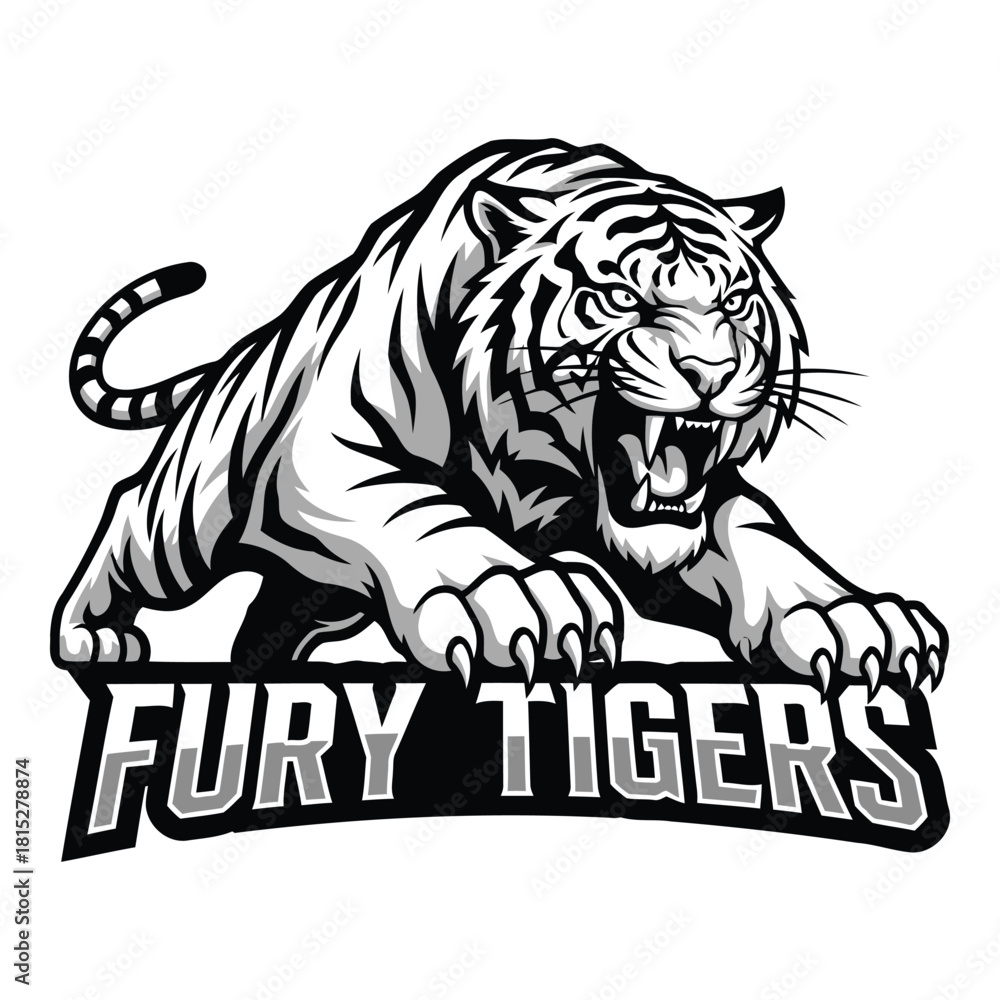 Fototapeta premium Powerful tiger roaring illustration in black and white color scheme