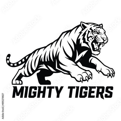 Powerful tiger illustration with black and white color palette roaring fiercely