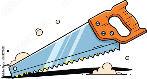 A Stylized Illustration of a Hand Saw with an Orange Handle and a Blue Blade Against a White Background