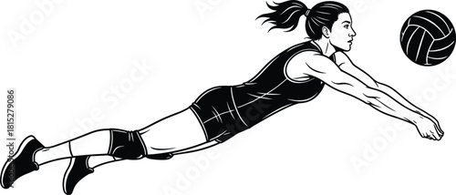 Volleyball Player Diving Dig Action Shot Dynamic Black and White Illustration Female Athlete Saving Ball Competition Sport Tournament Intense Effort Skill.