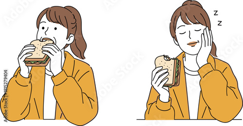 Woman Eating Sandwich Suddenly Feeling Sleepy After Meal Food Satiety Energy Crash Lunchtime Snack Hunger Apathy Cartoon Vector Illustration.