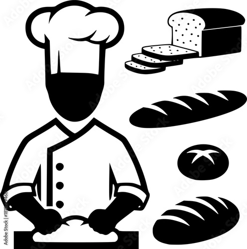 Baker chef silhouette and fresh baked goods