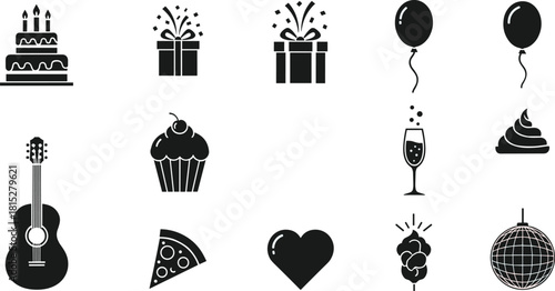Black silhouette party and birthday icon set featuring cake, gift, balloon, guitar, and food, vector illustration isolated on white.