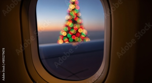 Magical Christmas journey with colorful bokeh lights of a festive tree visible through an airplane window at dusk.