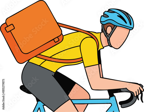 Delivery cyclist with orange bag on back wearing blue helmet and yellow shirt in motion on bicycle