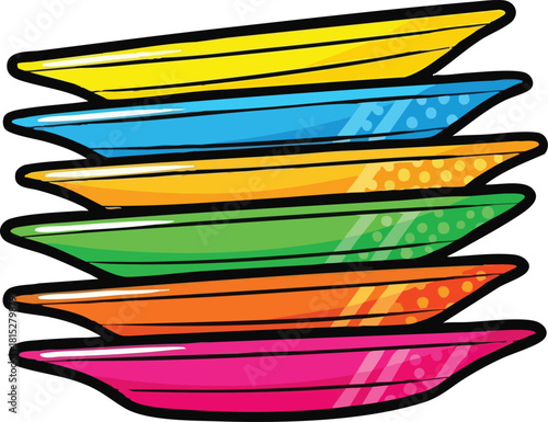 Stack of Colorful Plastic Plates For Kitchen And Picnic Yellow Blue Orange Green Pink