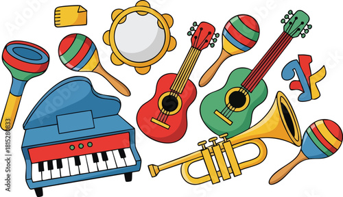 Colorful Assortment of Musical Instruments Including Piano Guitar Trumpet and Maracas Scattered on White Background