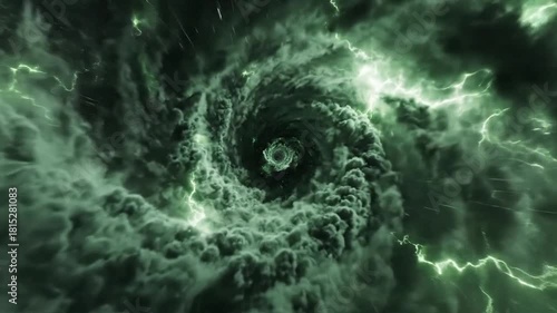 Dramatic swirling storm clouds illuminated by eerie green lightning create a powerfully ominous and apocalyptic atmosphere for intense storytelling
