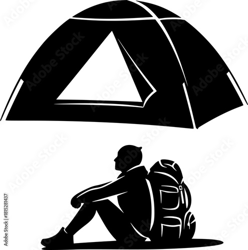 man with a tent A traveler with a backpack resting under a tent