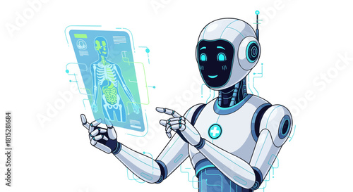 Friendly Medical Robot Holding Holographic Human Anatomy Scan
