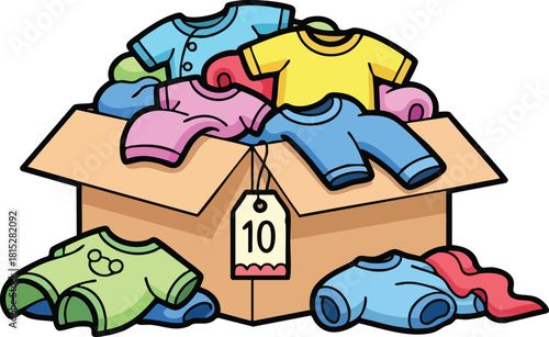 Cardboard box filled with colorful baby clothes and a price tag of 10