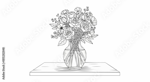 Elegant Hand-Drawn Sketch of a Beautiful Floral Bouquet in a Glass Vase.