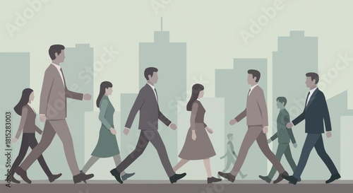 Diverse group of business people walking together in a city setting.