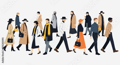 Diverse group of stylish people in fashionable outfits walking together.