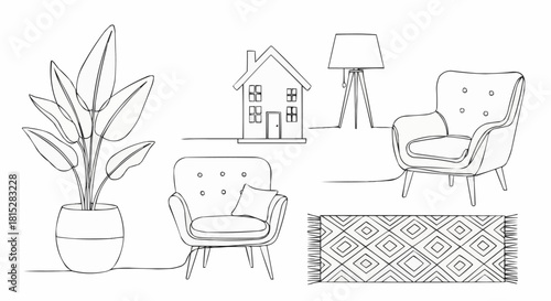 Cozy Living Room Elements Sketch with Armchairs and Plant.