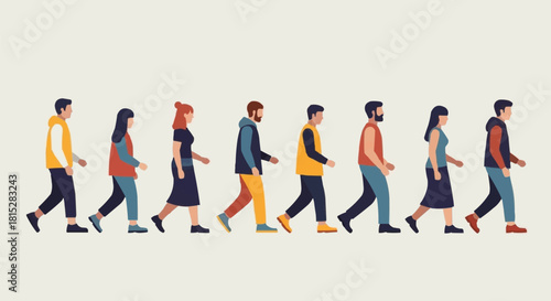 A diverse group of young people walking in a single line.