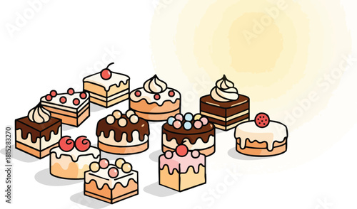 Various Decorated Cakes And Pastries Assortment With White And Yellow Background