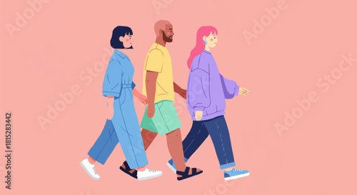 Three Diverse Individuals Walking Together in Casual Attire.
