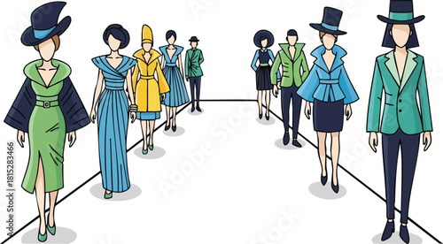 Fashion Models Walk Down A White Runway Wearing Colorful Outfits And Hats