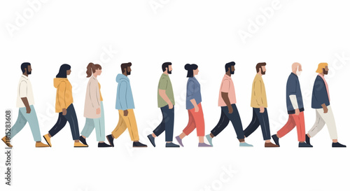 Diverse group of people walking together in a line.