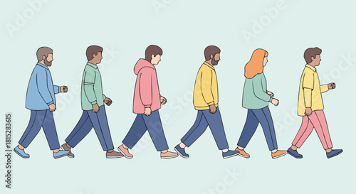 Diverse group of people walking in a line in casual clothing.