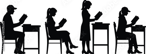 Silhouette students reading books at desks in classroom setting, educational study concept, learning activity illustration for academic and library themes