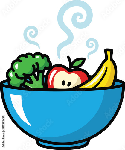 Healthy Fruit And Vegetable Bowl With Steaming Food In Blue Dish
