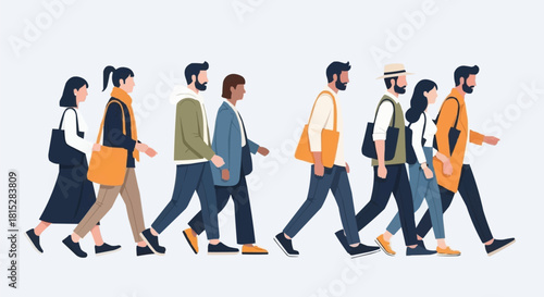 Diverse Group of People Walking Together in a Row.