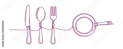 Illustration of Kitchen Utensils for a Restaurant Menu Design including Knife, Spoon, Fork, and Pan Icon Set, Continuous one line vector Illustration hand drawn

