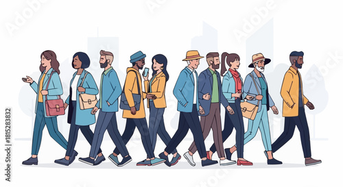 Diverse group of people walking together in a line.