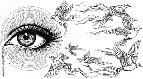 Surreal artistic eye with detailed lashes and flying birds illustration symbolizing vision, freedom, transformation, creativity, imagination, dreams and spiritual awakening