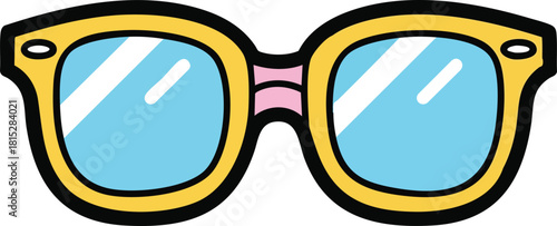 Yellow framed sunglasses with light blue lenses and pink bridge detail against a white background